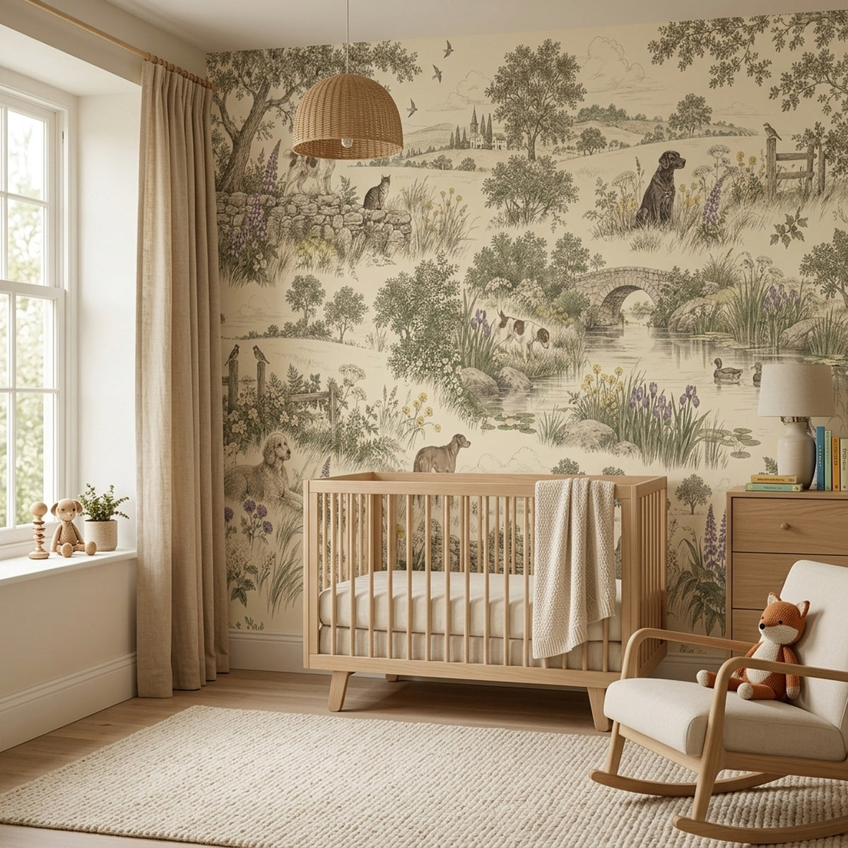 Pastoral Toile Landscape Wallpaper Vintage Engraving Style Wall Mural