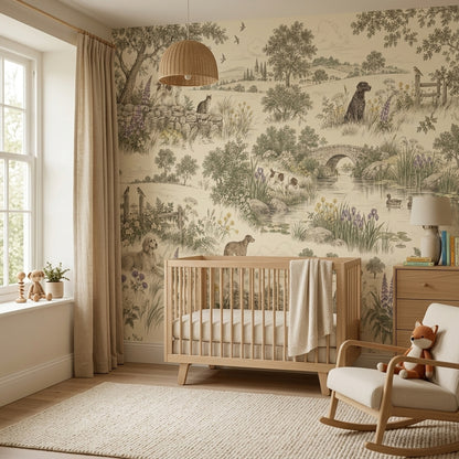 Pastoral Toile Landscape Wallpaper Vintage Engraving Style Wall Mural