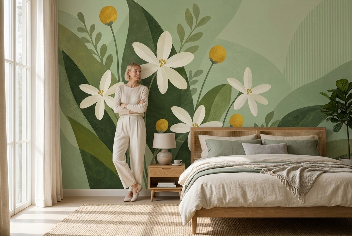 White Daisy Flowers Wallpaper Sage Green Leaves Wall Mural