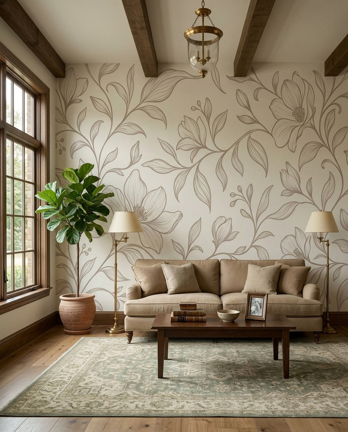 Botanical Vine Line Art Wallpaper Ivory Beige Wall Mural