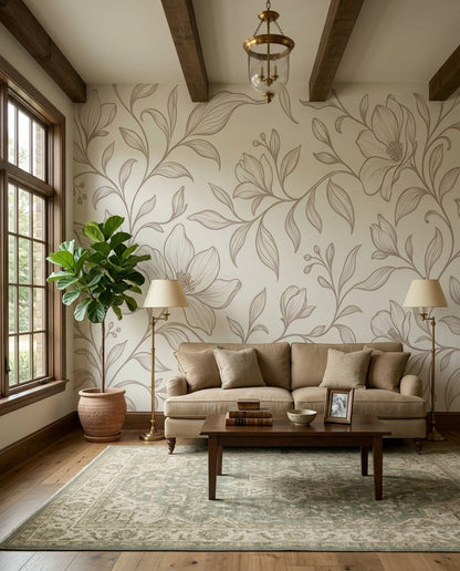 Botanical Vine Line Art Wallpaper Ivory Beige Wall Mural