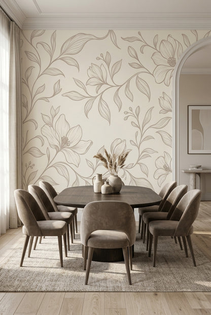 Botanical Vine Line Art Wallpaper Ivory Beige Wall Mural