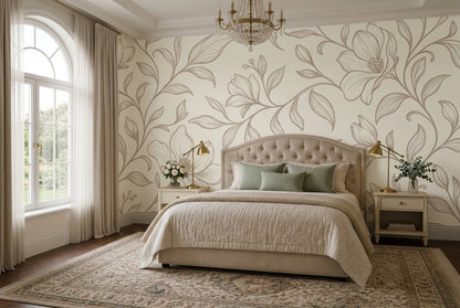 Botanical Vine Line Art Wallpaper Ivory Beige Wall Mural