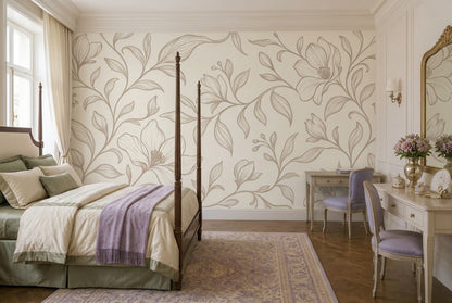 Botanical Vine Line Art Wallpaper Ivory Beige Wall Mural
