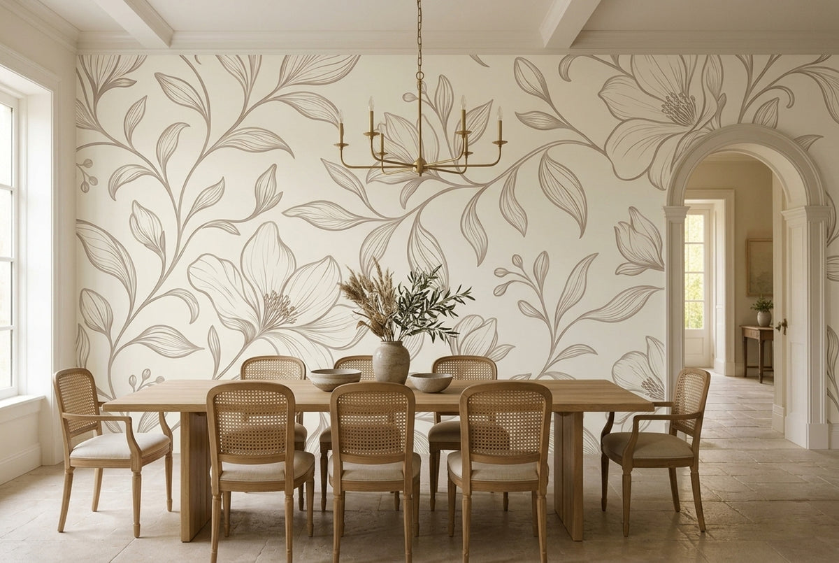 Botanical Vine Line Art Wallpaper Ivory Beige Wall Mural