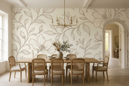 Botanical Vine Line Art Wallpaper Ivory Beige Wall Mural