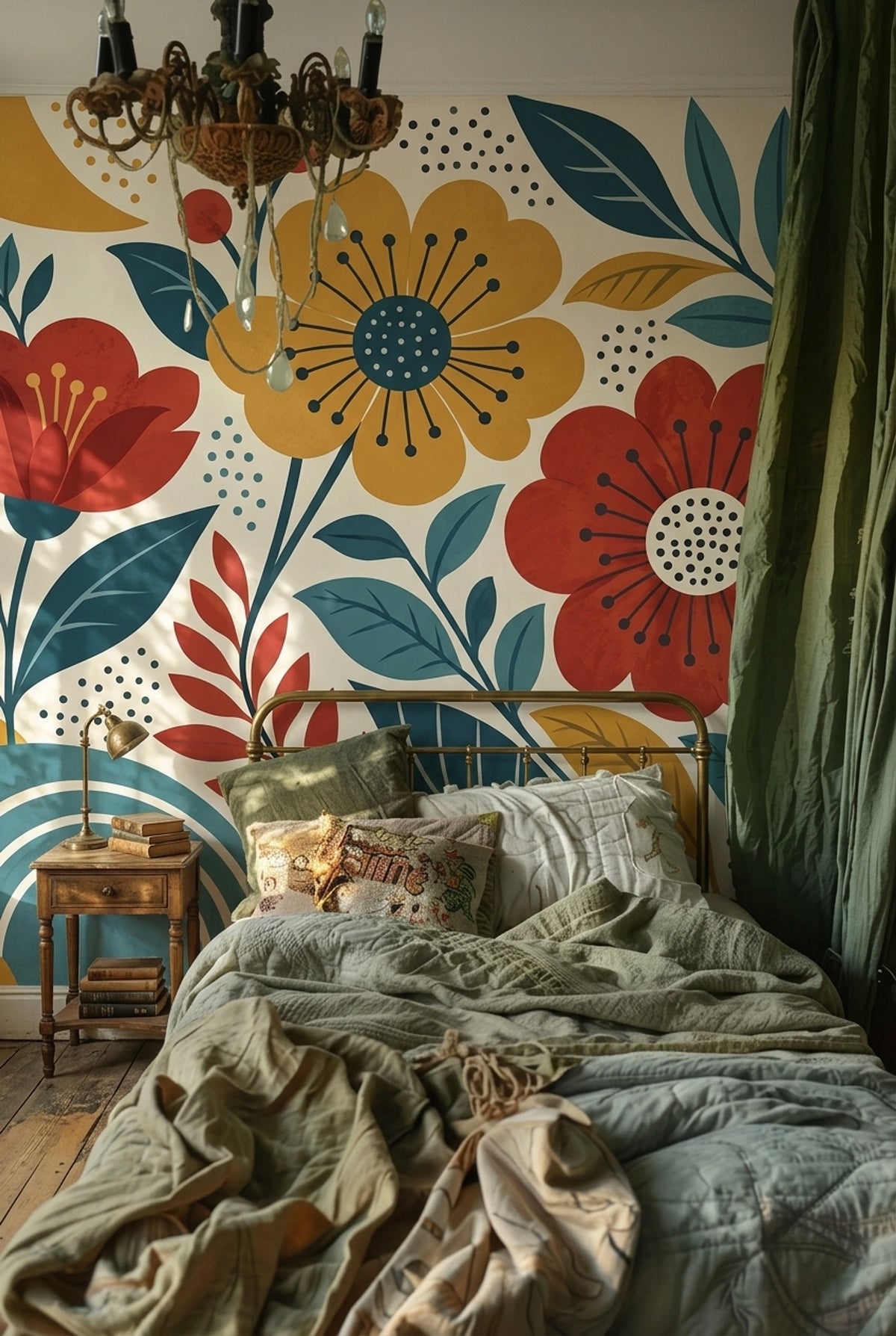 Retro Botanical Flowers Wallpaper Cream Background Wall Mural