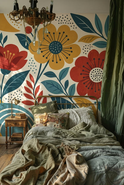 Retro Botanical Flowers Wallpaper Cream Background Wall Mural