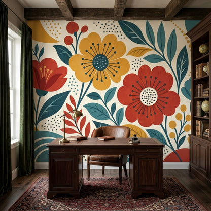 Retro Botanical Flowers Wallpaper Cream Background Wall Mural