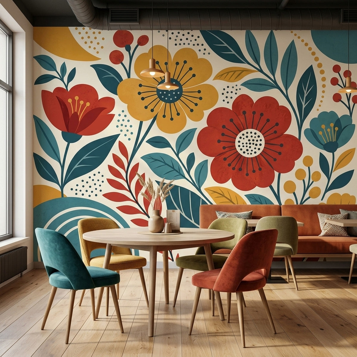 Retro Botanical Flowers Wallpaper Cream Background Wall Mural