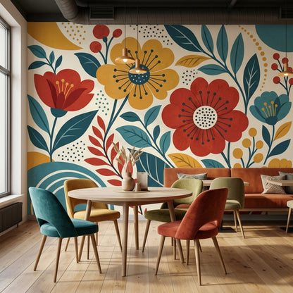 Retro Botanical Flowers Wallpaper Cream Background Wall Mural