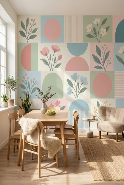 Botanical Geometric Wallpaper Muted Green Wall Mural