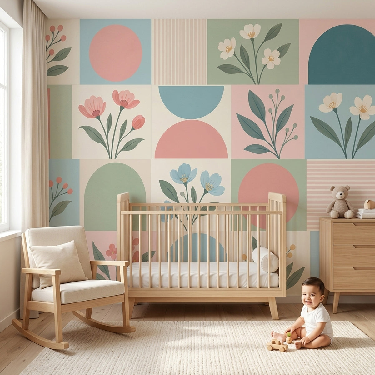 Botanical Geometric Wallpaper Muted Green Wall Mural