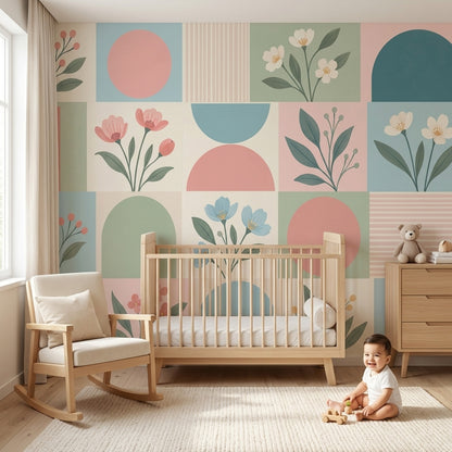 Botanical Geometric Wallpaper Muted Green Wall Mural