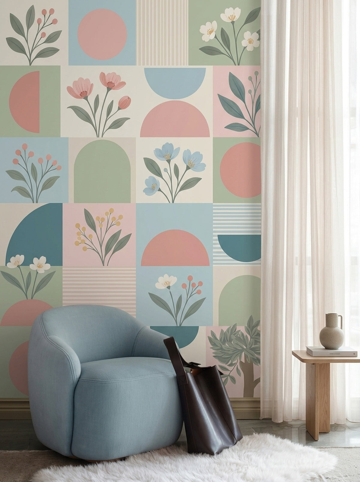 Botanical Geometric Wallpaper Muted Green Wall Mural
