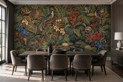 Dark Tropical Jungle Wallpaper Exotic Birds And Pond Lilies Wall Mural
