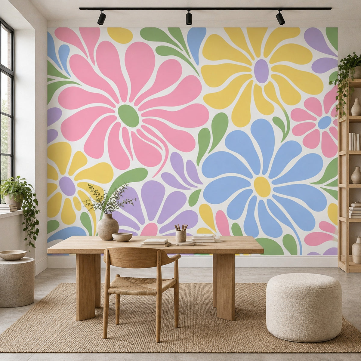 Retro Large Floral Wallpaper Pastel Botanical Wall Mural