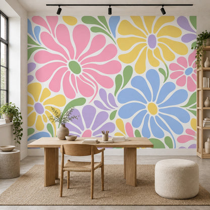 Retro Large Floral Wallpaper Pastel Botanical Wall Mural