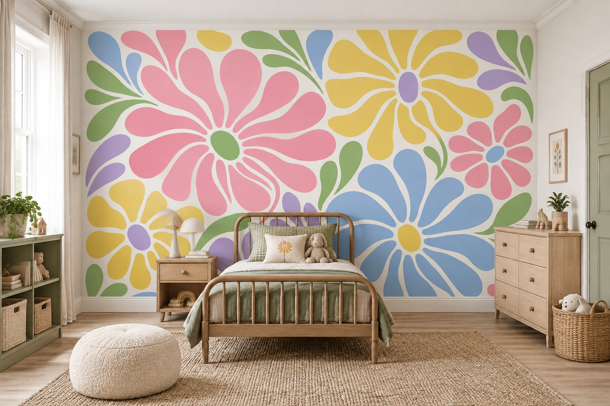Retro Large Floral Wallpaper Pastel Botanical Wall Mural