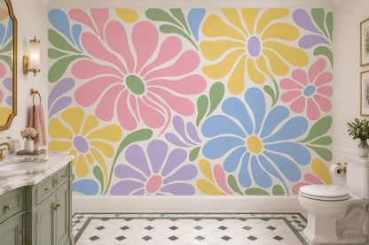 Retro Large Floral Wallpaper Pastel Botanical Wall Mural