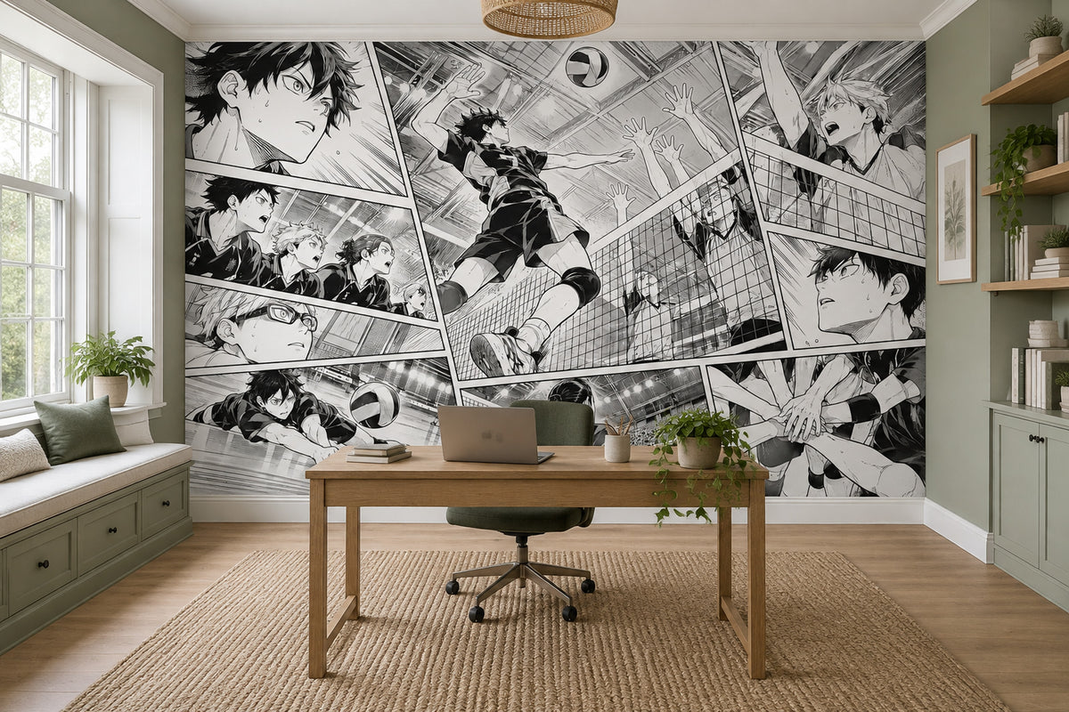 Manga Volleyball Match Wallpaper Black And White Sports Wall Mural