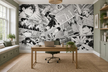 Manga Volleyball Match Wallpaper Black And White Sports Wall Mural