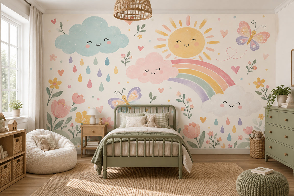 Smiling Clouds Rainbow Wallpaper Pastel Nursery Wall Mural