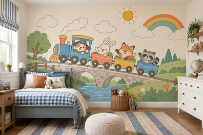 Cute Animal Train Wallpaper Pastel Storybook Wall Mural