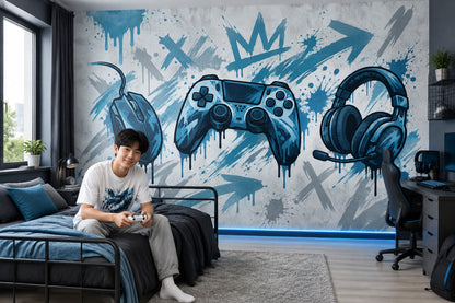 Graffiti Gaming Setup Wallpaper Blue Urban Wall Mural