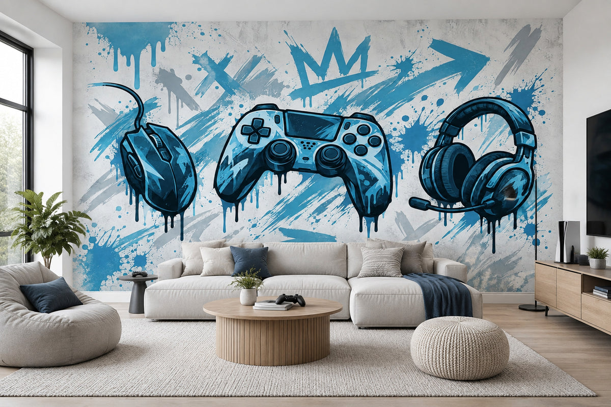 Graffiti Gaming Setup Wallpaper Blue Urban Wall Mural
