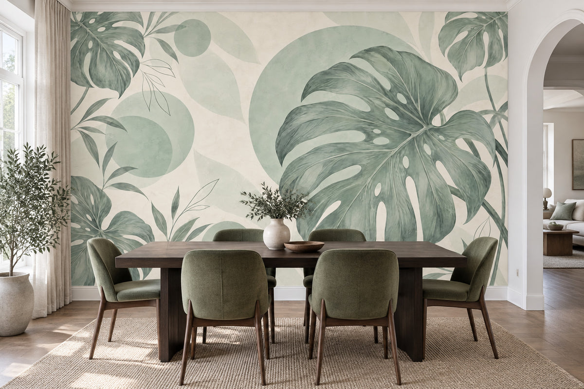 Sage Green Monstera Leaves Wallpaper Watercolor Tropical Wall Mural