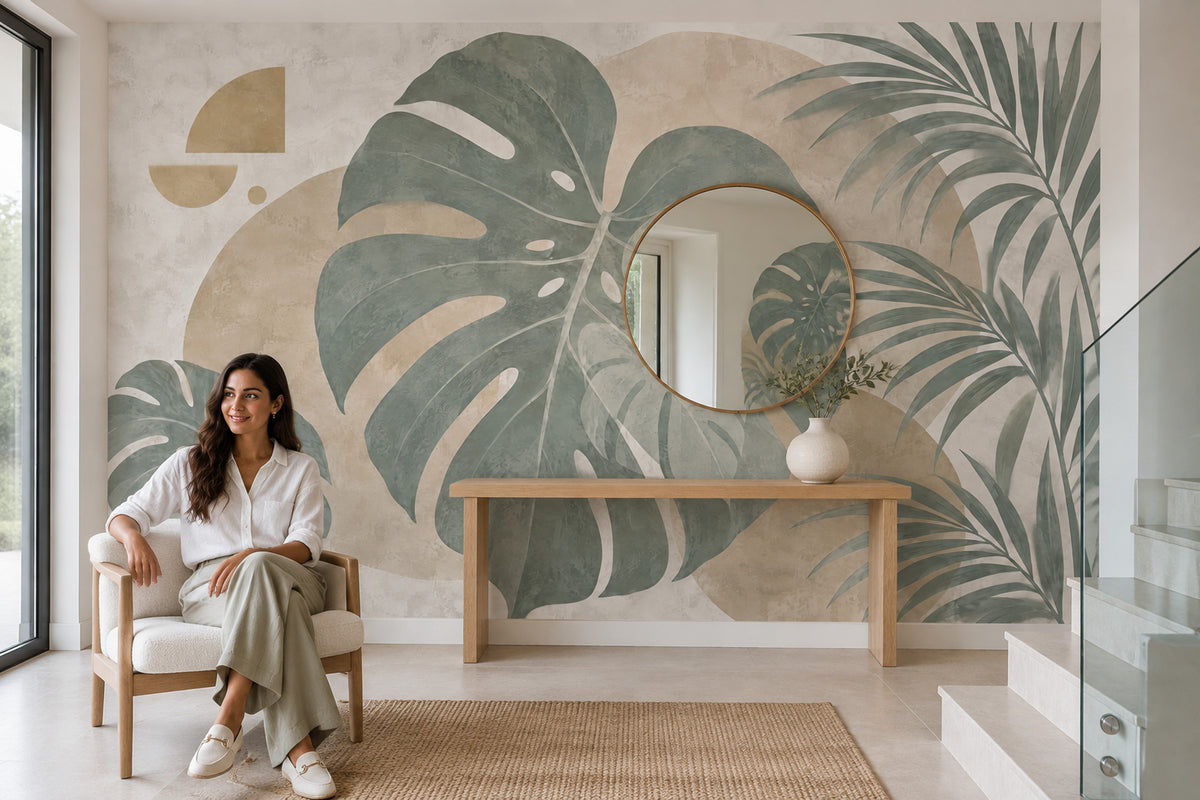 Tropical Leaves Wallpaper Sage Green Botanical Wall Mural