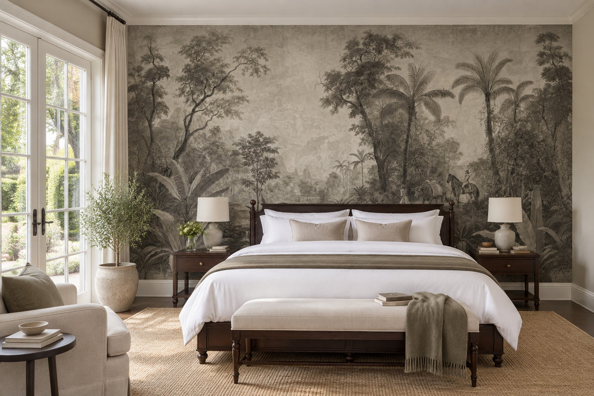 Vintage Tropical Jungle River Wallpaper Sepia Engraving Wall Mural