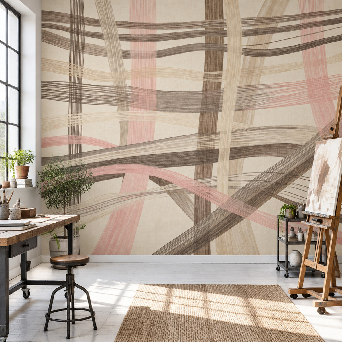 Abstract Linear Brushstroke Wallpaper Neutral Woven Wall Mural