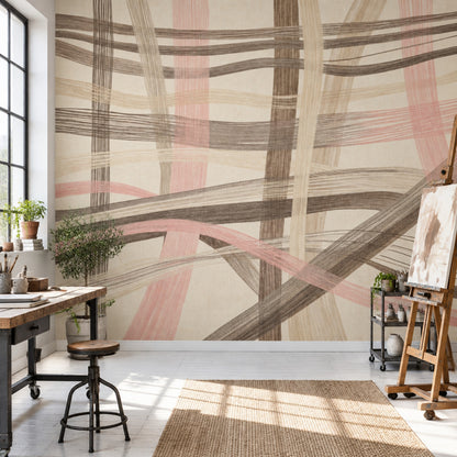 Abstract Linear Brushstroke Wallpaper Neutral Woven Wall Mural