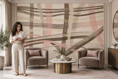 Abstract Linear Brushstroke Wallpaper Neutral Woven Wall Mural