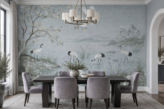 Cranes And Cherry Blossoms Wallpaper East Asian Landscape Wall Mural