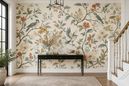 Chinoiserie Birds And Vines Wallpaper Vintage Botanical Wall Mural