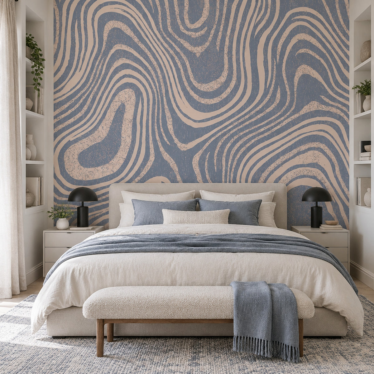 Abstract Topographic Contour Lines Wallpaper Textured Blue Cream Wall Mural