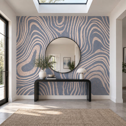 Abstract Topographic Contour Lines Wallpaper Textured Blue Cream Wall Mural
