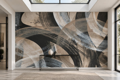 Abstract Arc Brushstroke Wallpaper Charcoal Taupe Wall Mural