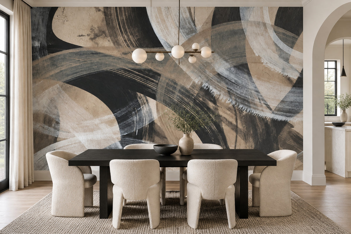 Abstract Arc Brushstroke Wallpaper Charcoal Taupe Wall Mural