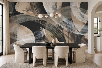Abstract Arc Brushstroke Wallpaper Charcoal Taupe Wall Mural