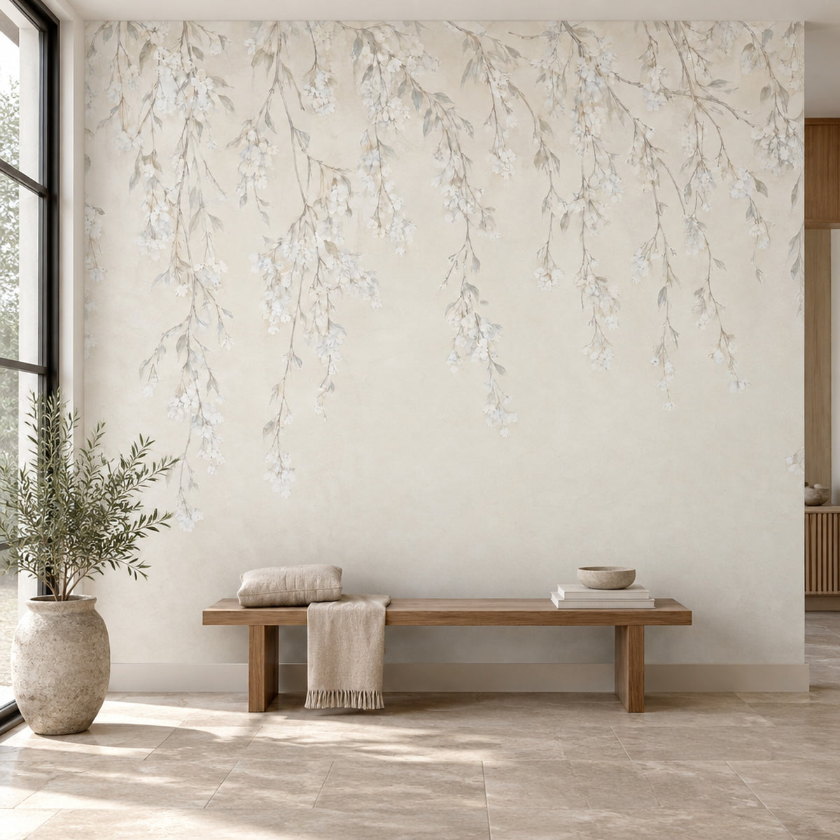 Hanging White Blossom Branches Wallpaper Watercolor Texture Wall Mural