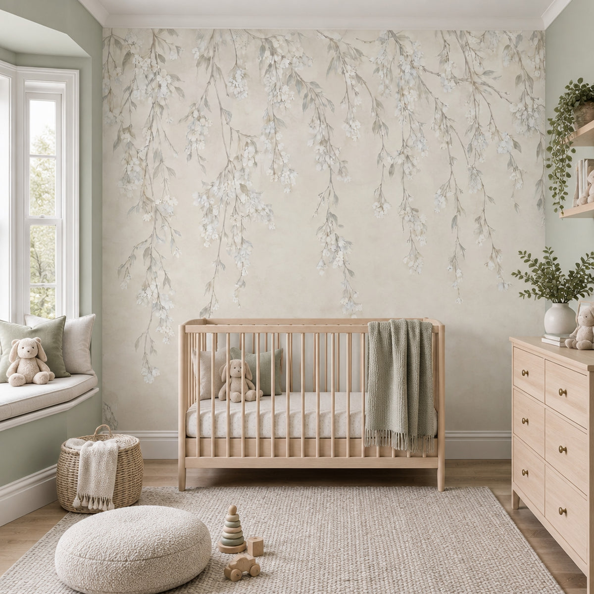 Hanging White Blossom Branches Wallpaper Watercolor Texture Wall Mural