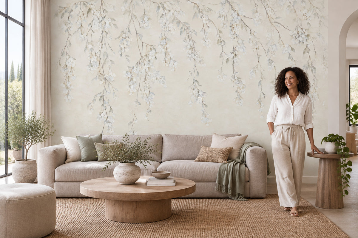 Hanging White Blossom Branches Wallpaper Watercolor Texture Wall Mural