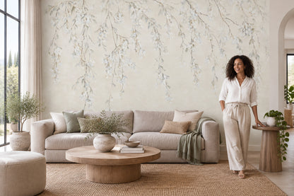 Hanging White Blossom Branches Wallpaper Watercolor Texture Wall Mural