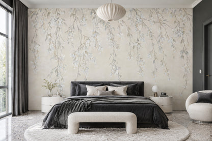 Hanging White Blossom Branches Wallpaper Watercolor Texture Wall Mural