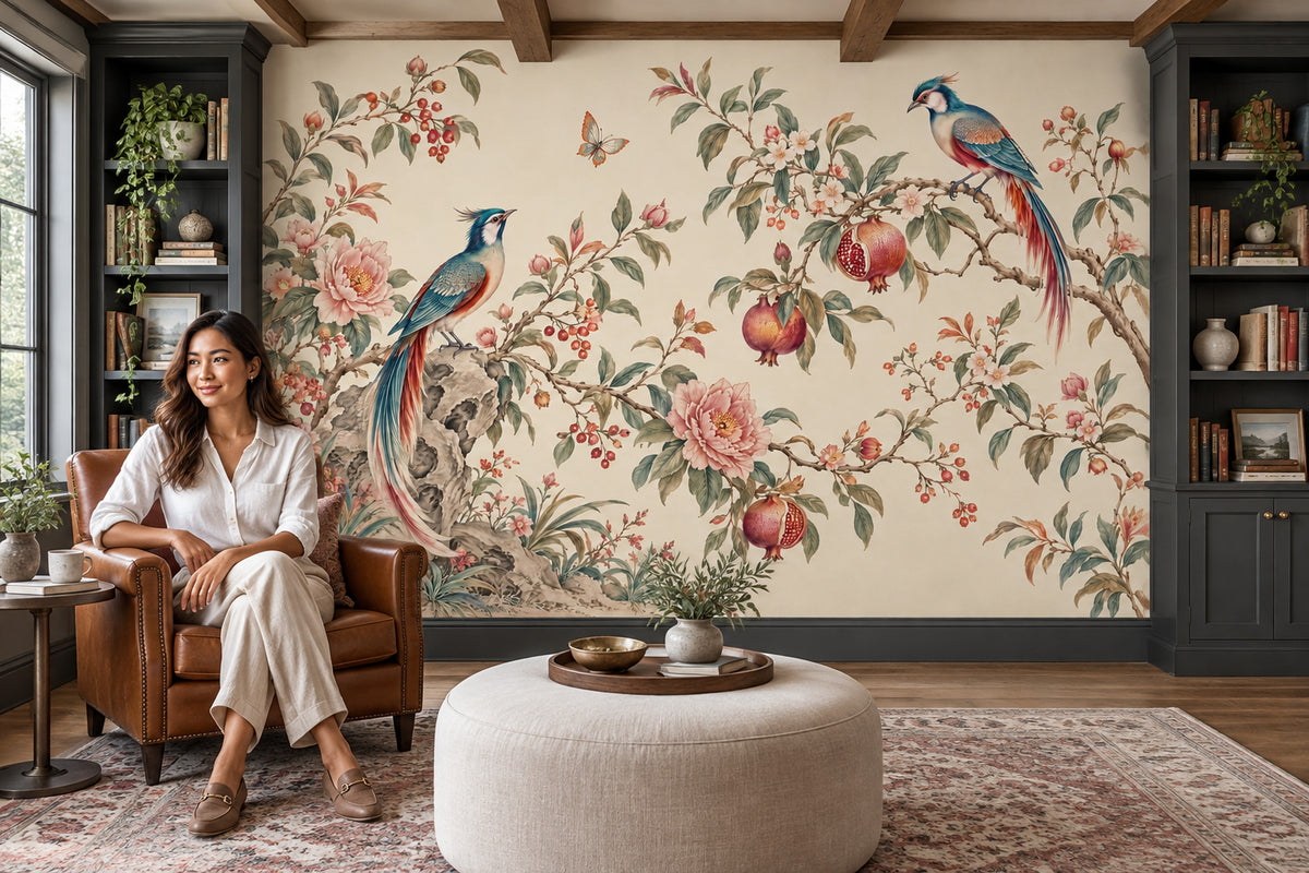 Chinoiserie Birds And Peonies Wallpaper Cream Background Wall Mural