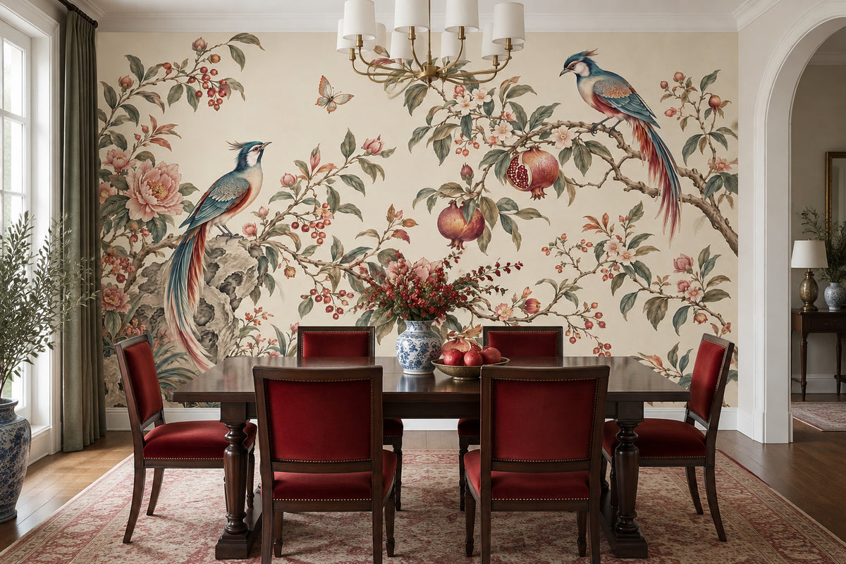 Chinoiserie Birds And Peonies Wallpaper Cream Background Wall Mural